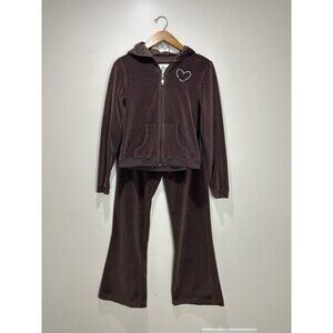 Y2K House Of Freedom Velour Track Suit SET Flare Bling Heart Brown Size M